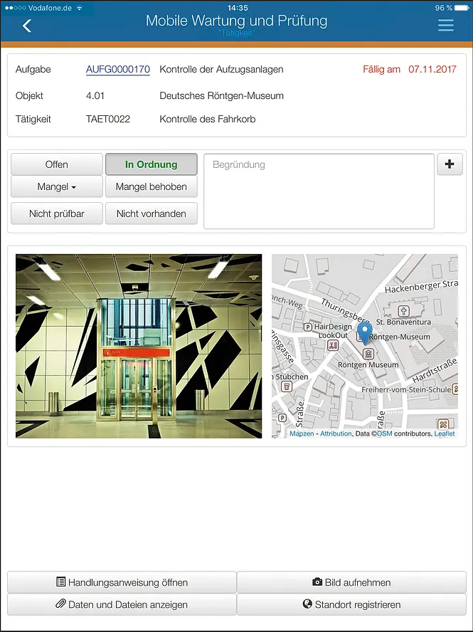Detailansicht einer Tätigkeit in der App MWP