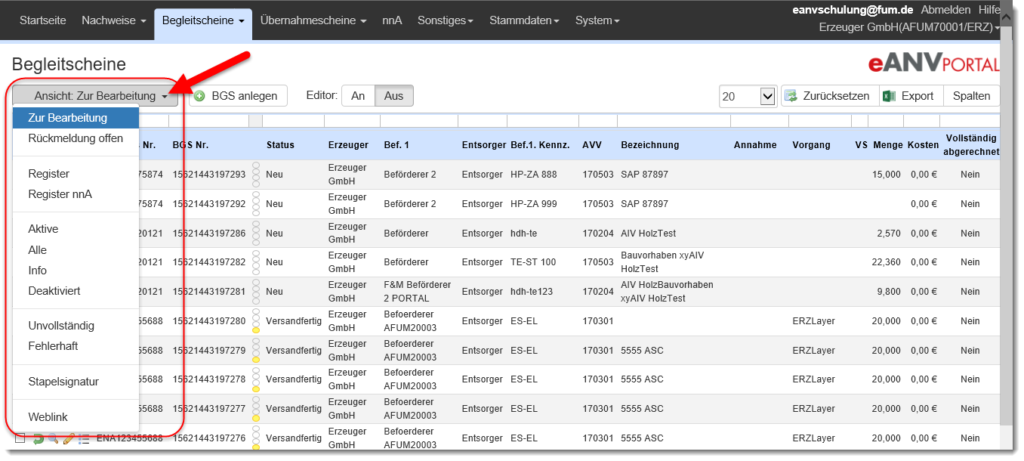 eANVportal - Begleitschein Listenansicht